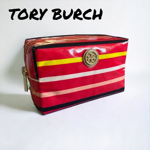 TORY BURCH NEW MAKEUP COSMETIC BAG BRIGITTE RED STRIPE ZIP Mother Day gift - Picture 2 of 10
